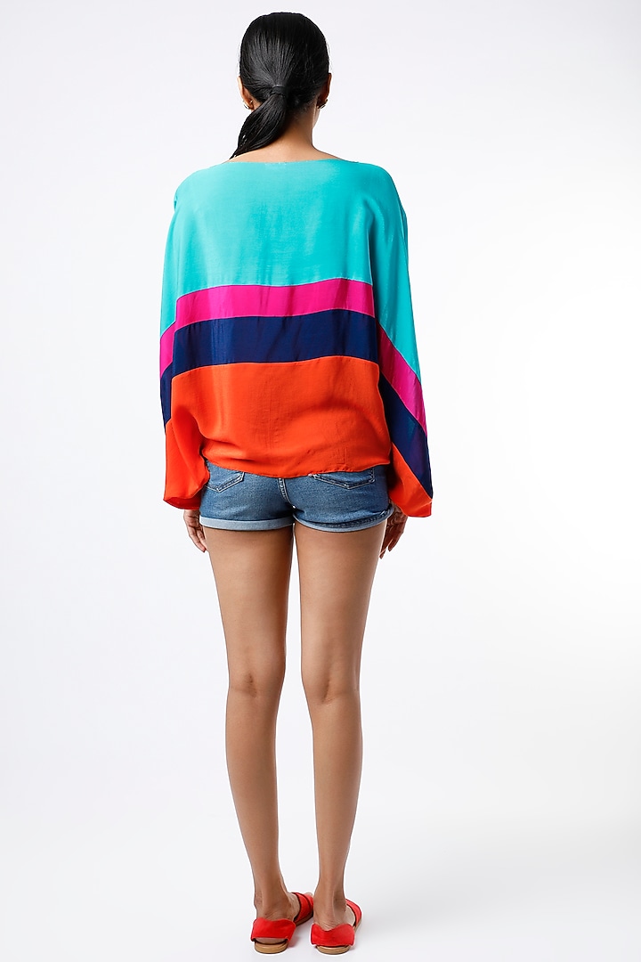 Turquoise & Orange Color Blocked Kaftan Top by Wendell Rodricks at Pernia's Pop Up Shop