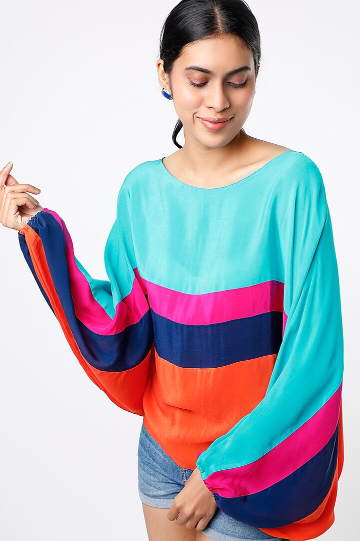 Turquoise & Orange Color Blocked Kaftan Top by Wendell Rodricks at Pernia's Pop Up Shop
