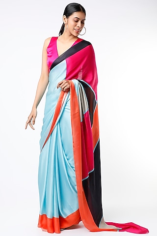 Crystal Blue Georgette Satin Silk Color Blocked & Digital Printed Saree by Wendell Rodricks