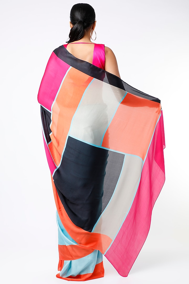 Crystal Blue Georgette Satin Silk Color Blocked & Digital Printed Party Wear Saree by Wendell Rodricks at Pernia's Pop Up Shop