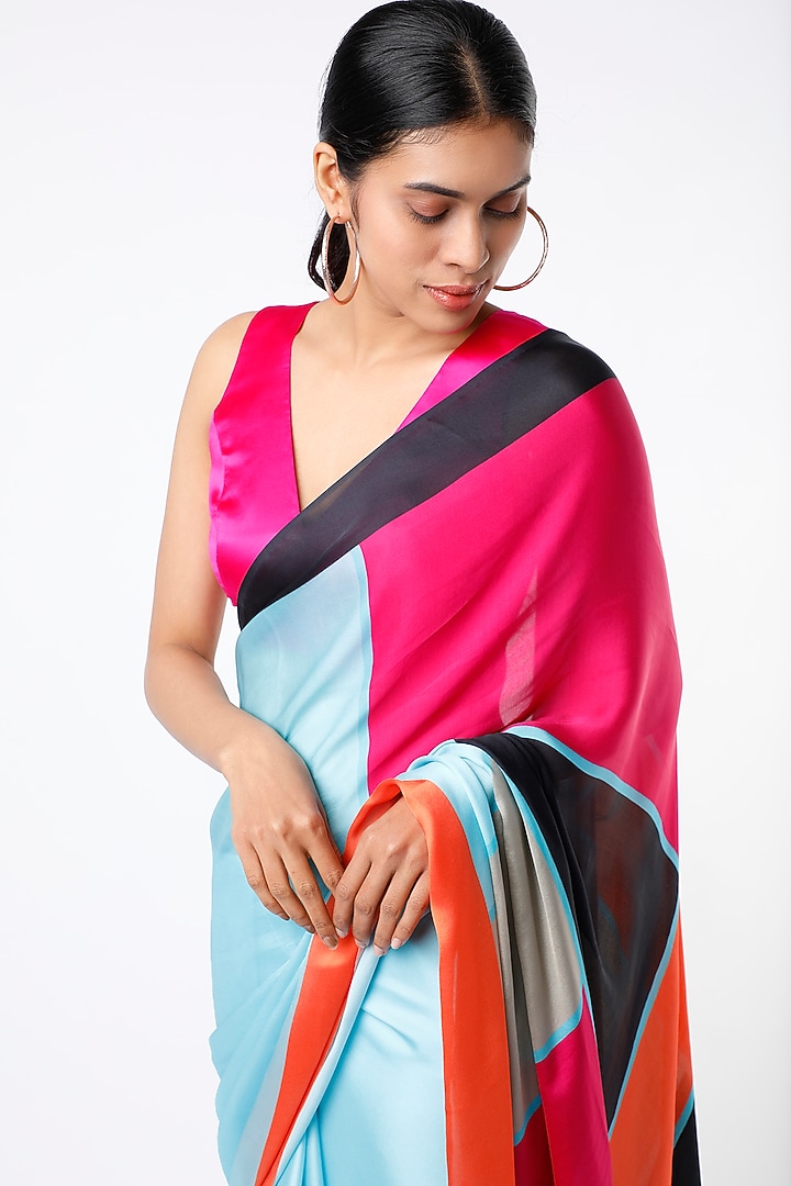 Crystal Blue Georgette Satin Silk Color Blocked & Digital Printed Party Wear Saree by Wendell Rodricks at Pernia's Pop Up Shop