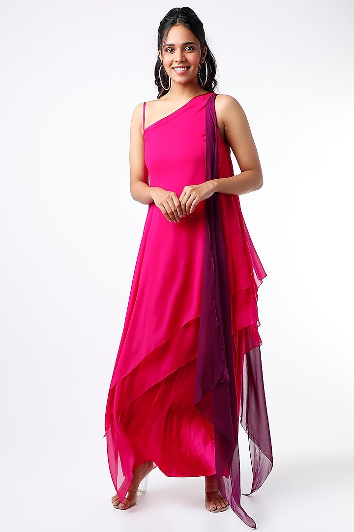 Fuchsia One Shoulder Layered Maxi Dress by Wendell Rodricks