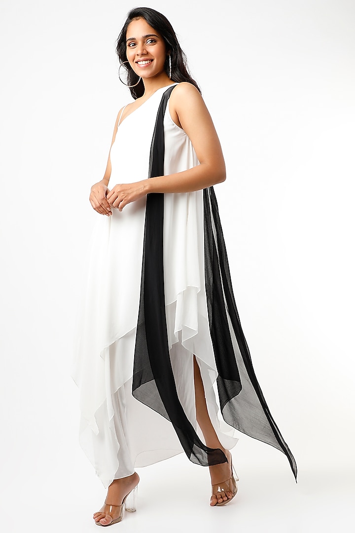 Ivory One Shoulder Layered Maxi Dress by Wendell Rodricks