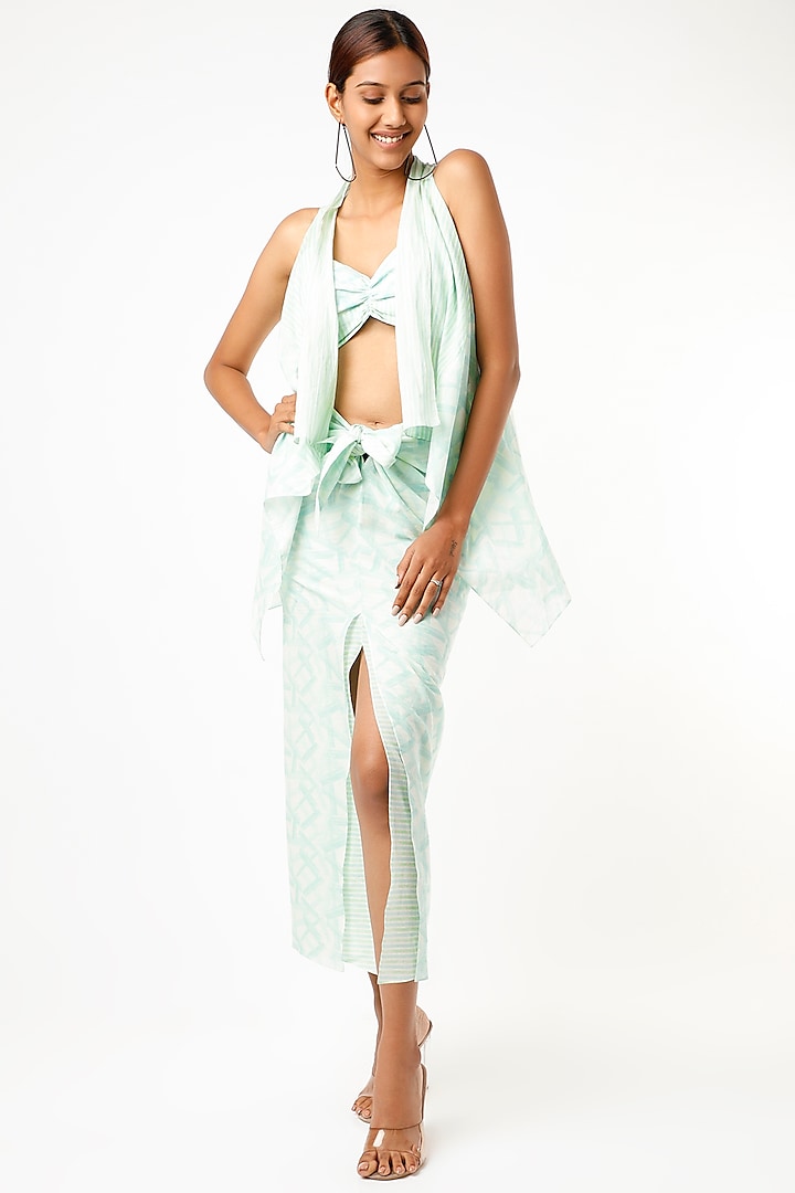 Aqua Green Geometrical Printed Sarong Skirt Set by Wendell Rodricks