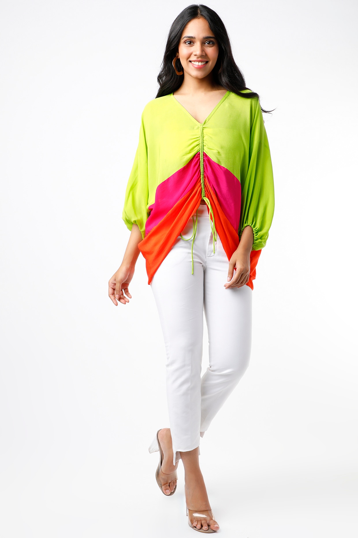 Neon Green Ruched Top by Wendell Rodricks at Pernia s Pop Up Shop