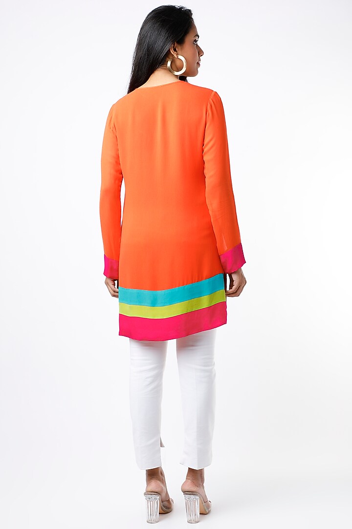 Orange Tunic With Striped Colour Block Hem by Wendell Rodricks at Pernia's Pop Up Shop