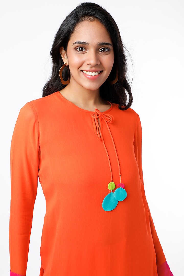 Orange Tunic With Striped Colour Block Hem by Wendell Rodricks at Pernia's Pop Up Shop