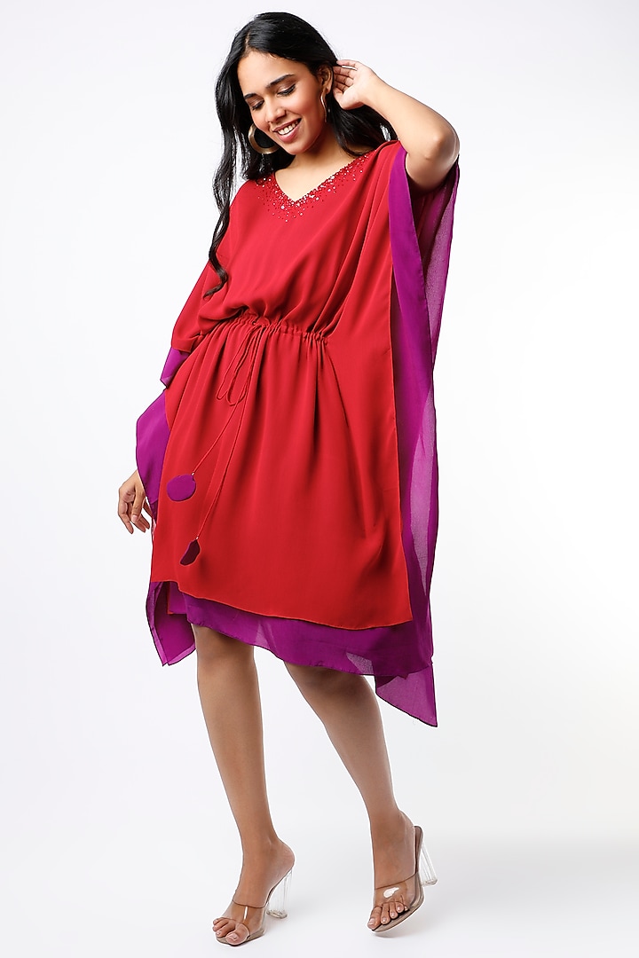 Red & Purple Layered Kaftan Dress by Wendell Rodricks