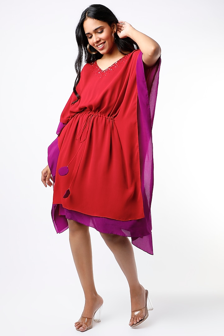 Red & Purple Layered Kaftan Dress by Wendell Rodricks at Pernia's Pop Up Shop