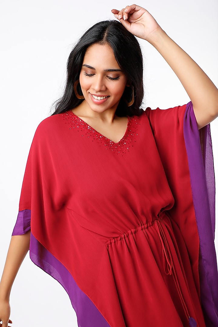 Red & Purple Layered Kaftan Dress by Wendell Rodricks at Pernia's Pop Up Shop