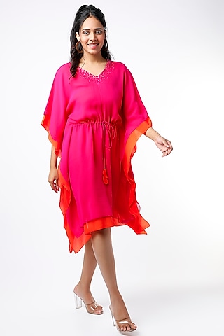 Fuchsia & Orange Layered Kaftan Dress by Wendell Rodricks