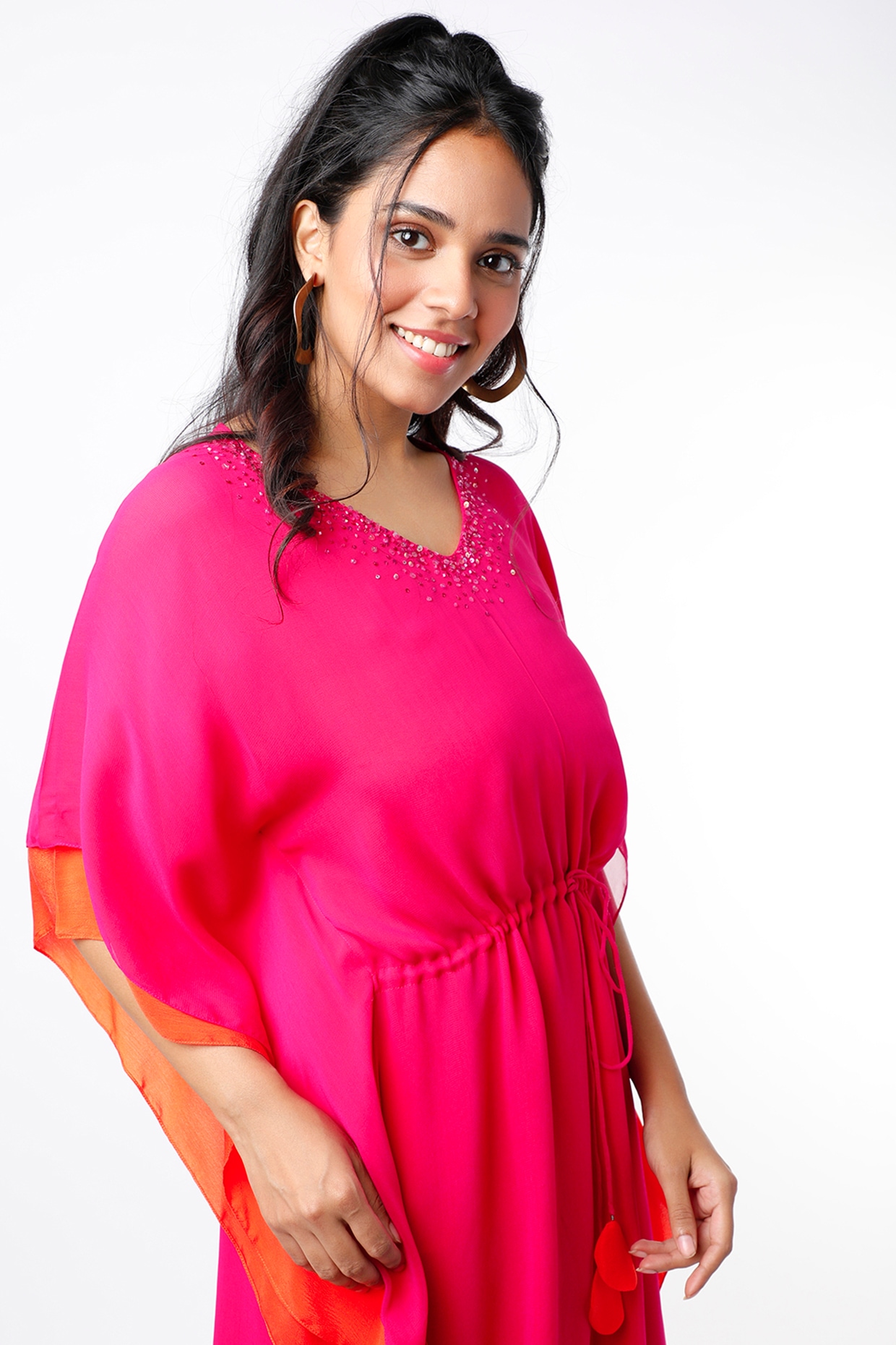 Fuchsia & Orange Layered Kaftan Dress Design by Wendell Rodricks 