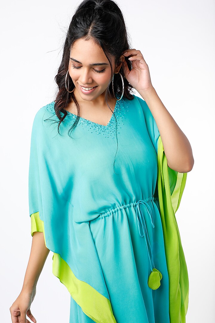 Turquoise & Neon Green Layered Kaftan Dress by Wendell Rodricks at Pernia's Pop Up Shop