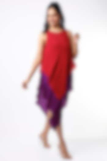 Red & Purple Embroidered Layered Dress by Wendell Rodricks