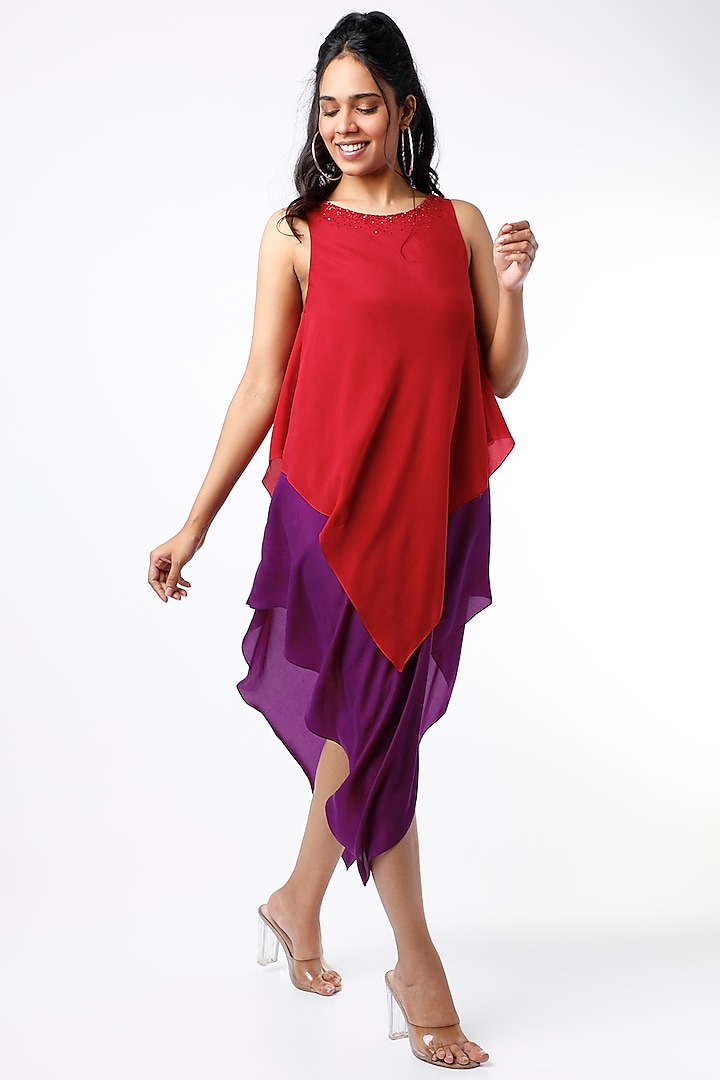 Red & Purple Embroidered Layered Dress by Wendell Rodricks