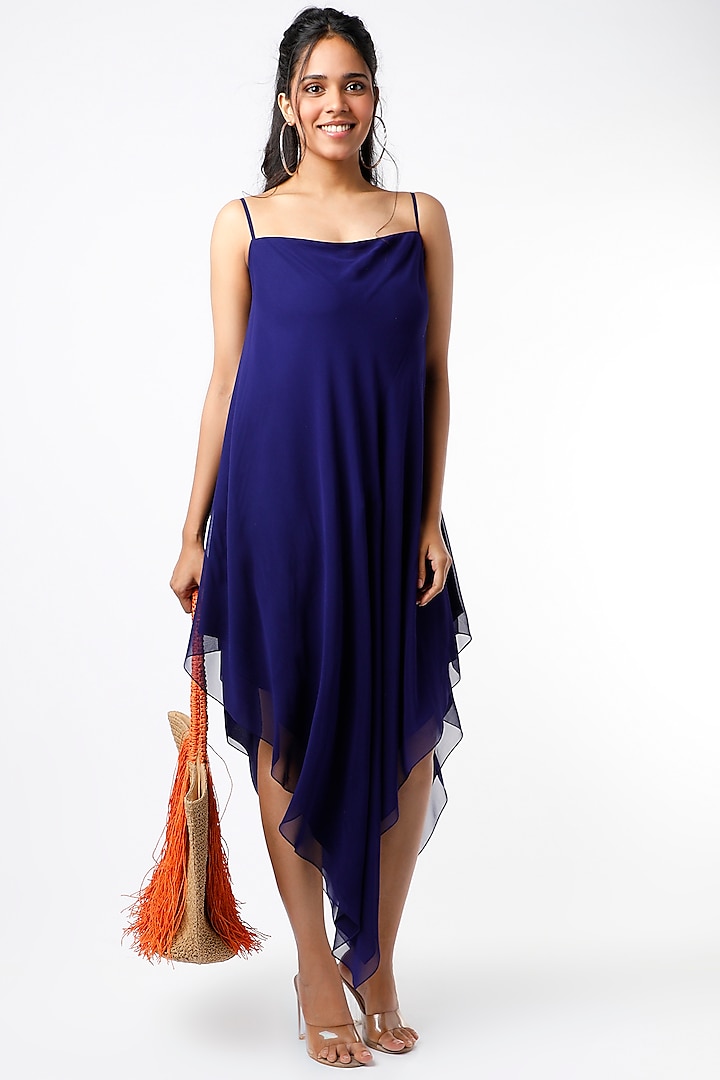 Midnight Blue Asymmetrical Dress by Wendell Rodricks