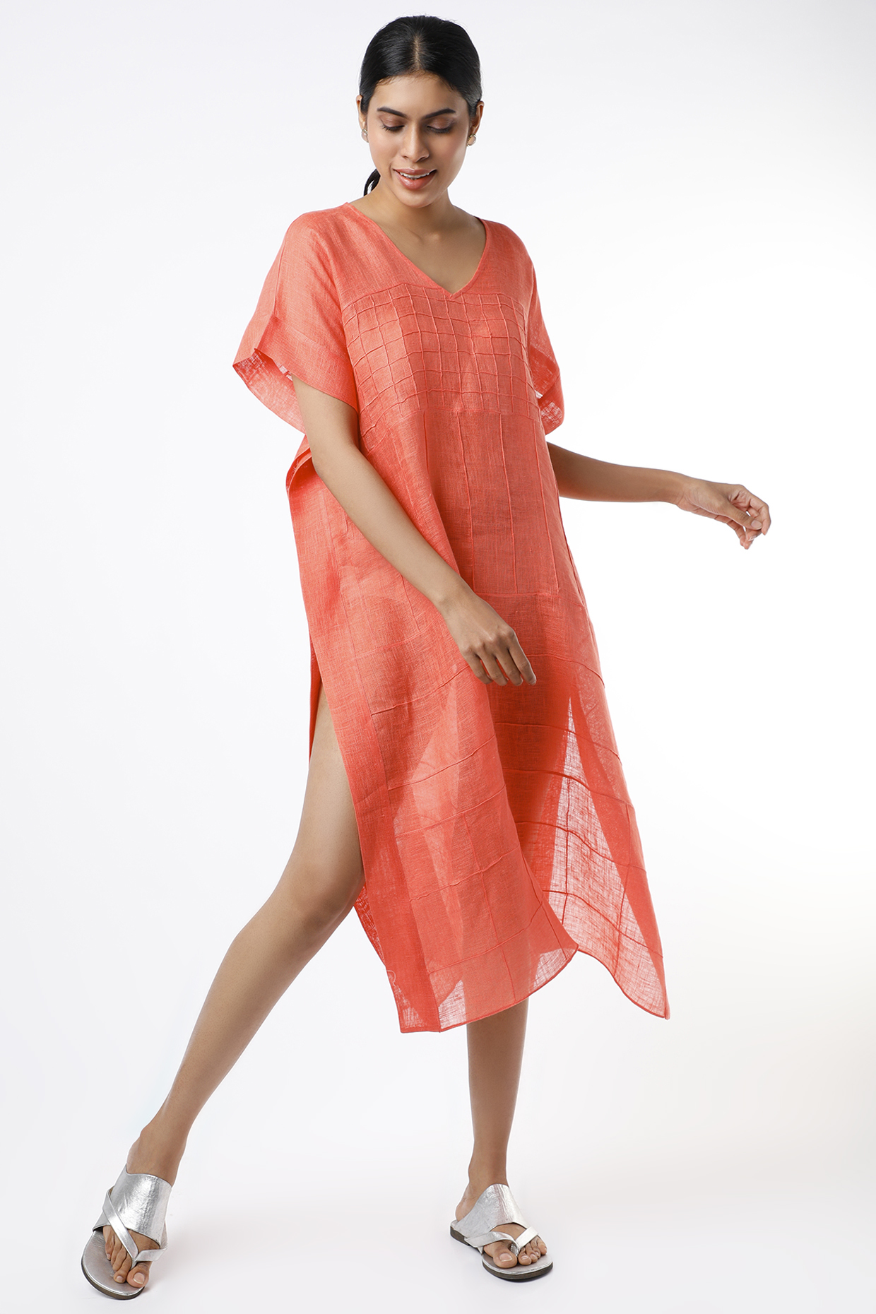 Dark Peach All Over Pintuck Kaftan by Wendell Rodricks at Pernia's Pop Up Shop