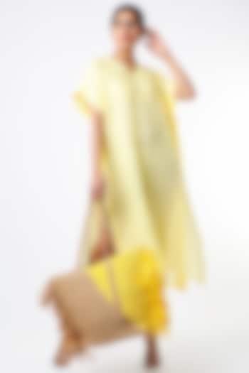 Yellow All Over Pintuck Kaftan by Wendell Rodricks at Pernia's Pop Up Shop