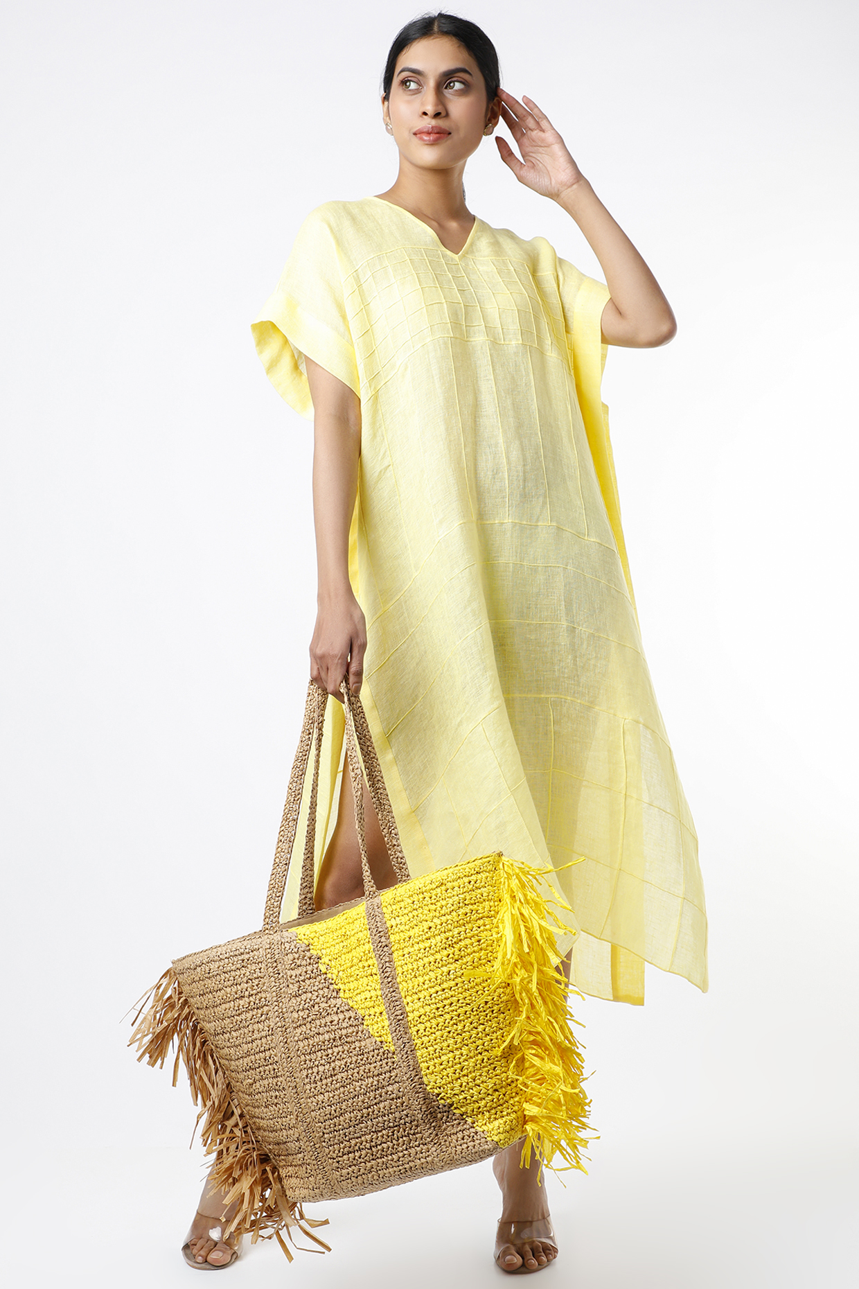 Yellow All Over Pintuck Kaftan by Wendell Rodricks at Pernia's Pop Up Shop