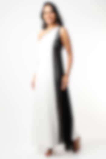 Ivory & Black One Shoulder Maxi Dress by Wendell Rodricks