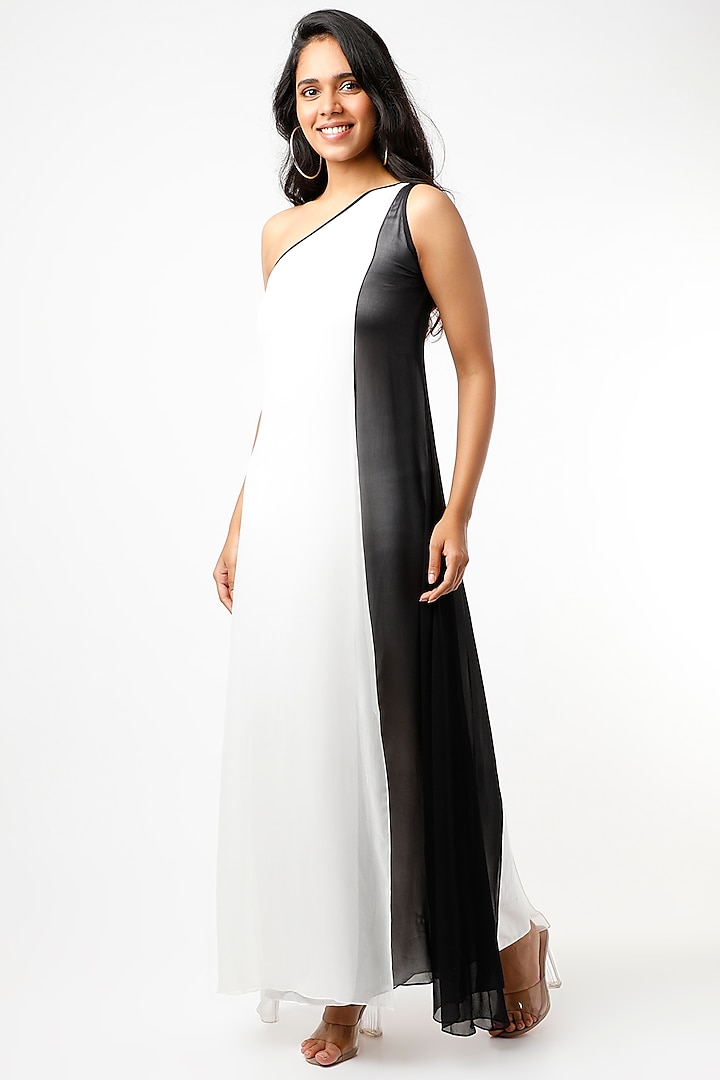 Ivory & Black One Shoulder Maxi Dress by Wendell Rodricks