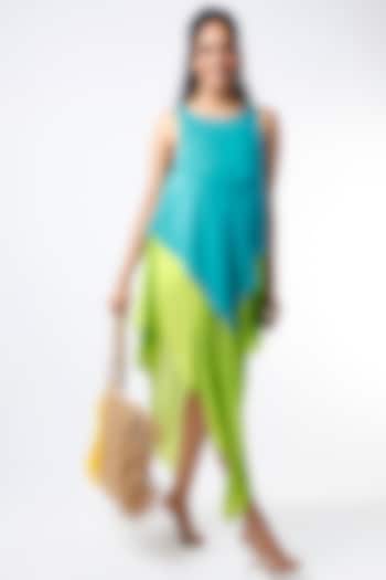 Turquoise & Neon Green Embroidered Layered Dress by Wendell Rodricks