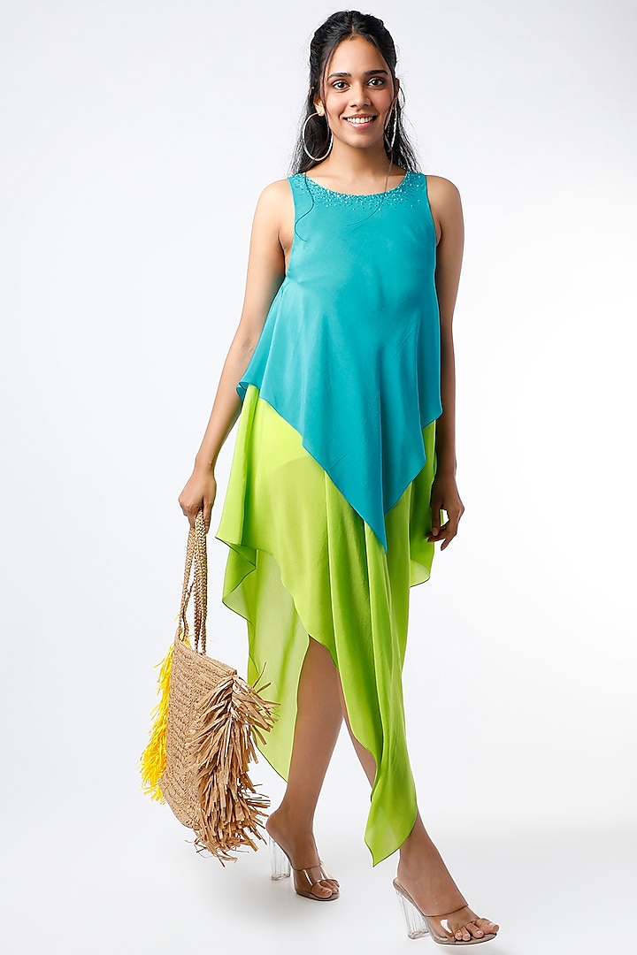 Turquoise & Neon Green Embroidered Layered Dress by Wendell Rodricks