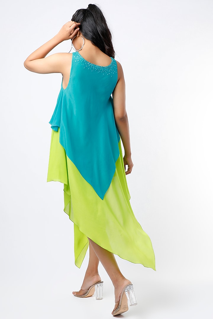 Turquoise & Neon Green Embroidered Layered Summer Dress by Wendell Rodricks at Pernia's Pop Up Shop
