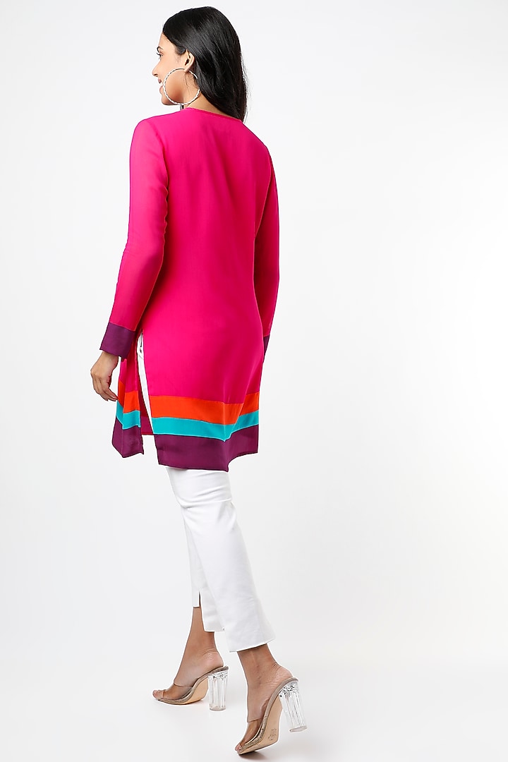 Fuchsia Tunic With Striped Colour Block Hem by Wendell Rodricks at Pernia's Pop Up Shop