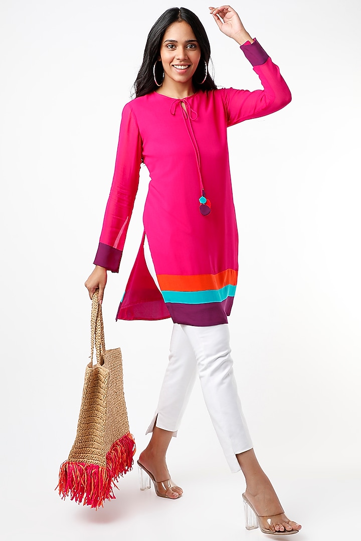 Fuchsia Tunic With Striped Colour Block Hem by Wendell Rodricks at Pernia's Pop Up Shop
