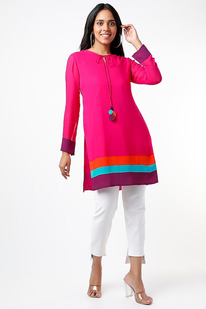 Fuchsia Tunic With Striped Colour Block Hem by Wendell Rodricks at Pernia's Pop Up Shop