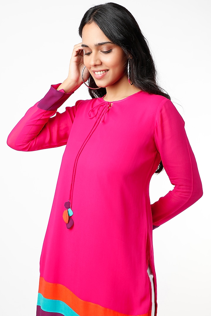 Fuchsia Tunic With Striped Colour Block Hem by Wendell Rodricks at Pernia's Pop Up Shop