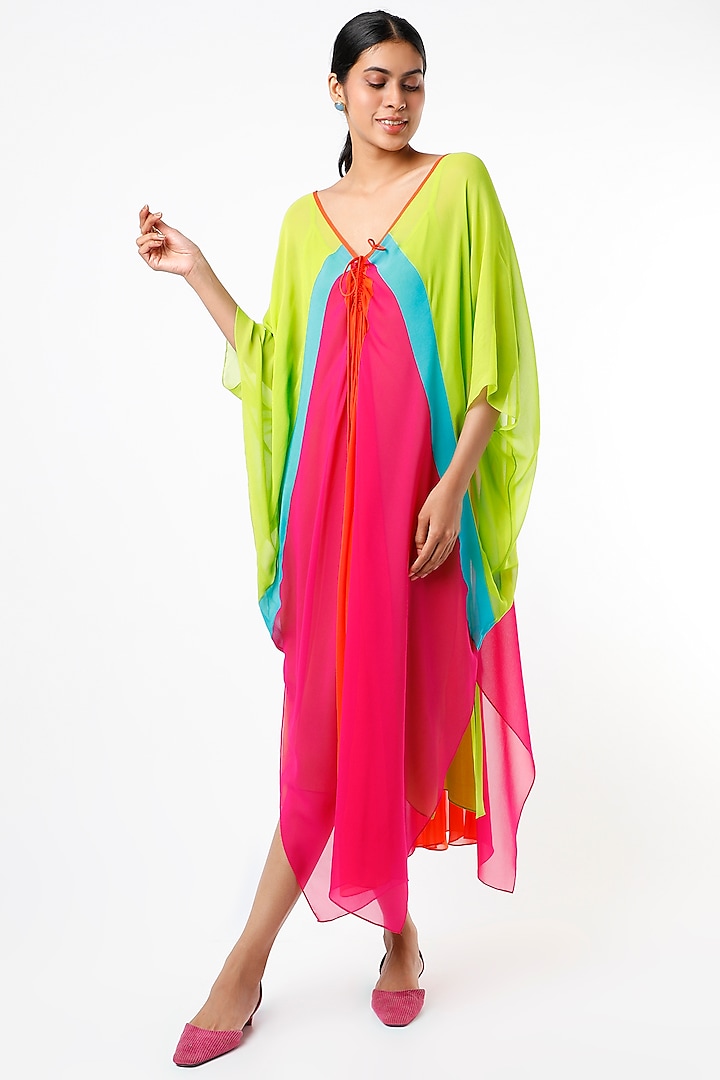 Neon Green Color Blocked Ruched Kaftan by Wendell Rodricks