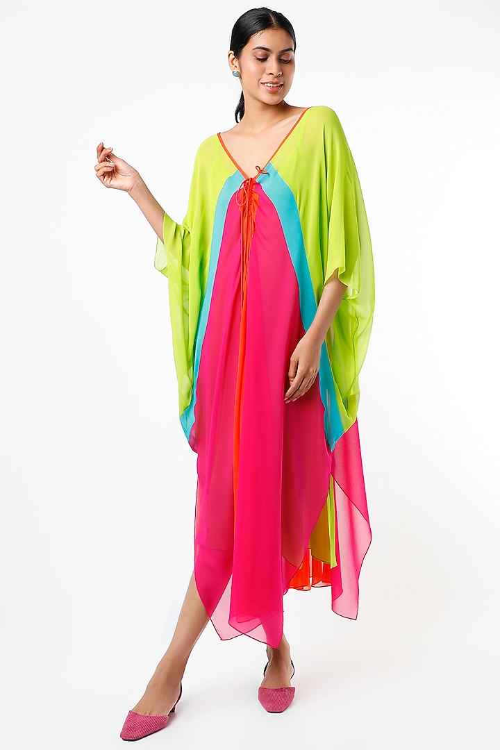 Neon Green Color Blocked Ruched Kaftan by Wendell Rodricks at Pernia's Pop Up Shop