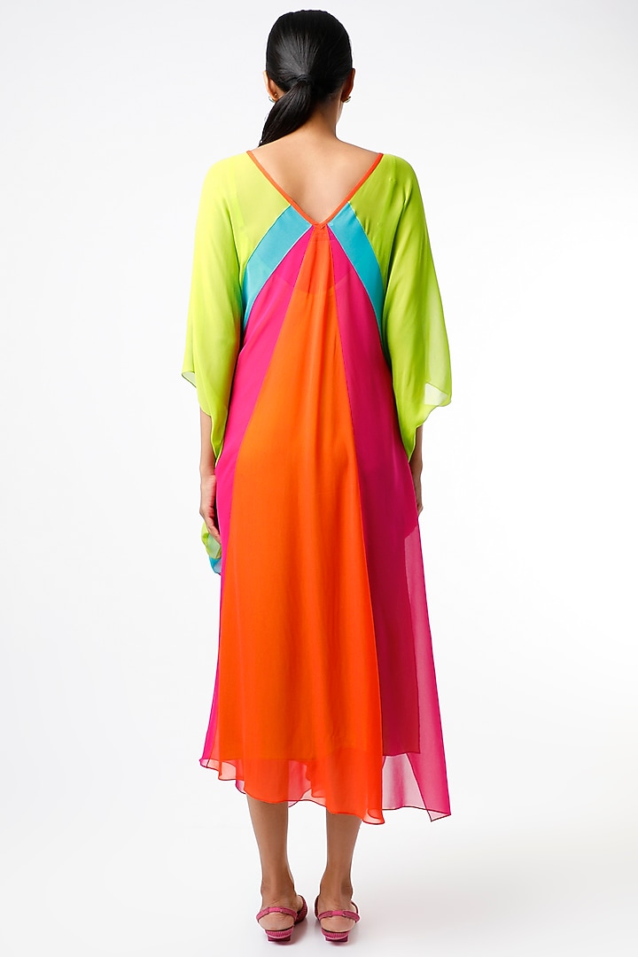 Neon Green Color Blocked Ruched Kaftan by Wendell Rodricks at Pernia's Pop Up Shop