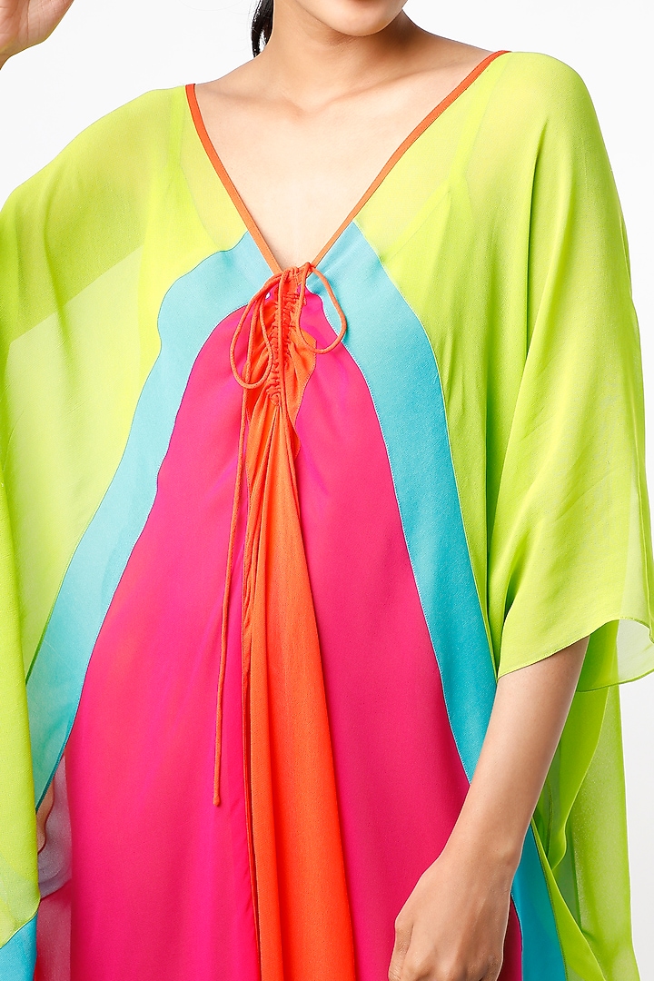 Neon Green Color Blocked Ruched Kaftan by Wendell Rodricks at Pernia's Pop Up Shop