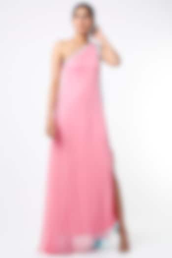 Pink & Powder Blue One Shoulder Maxi Dress by Wendell Rodricks