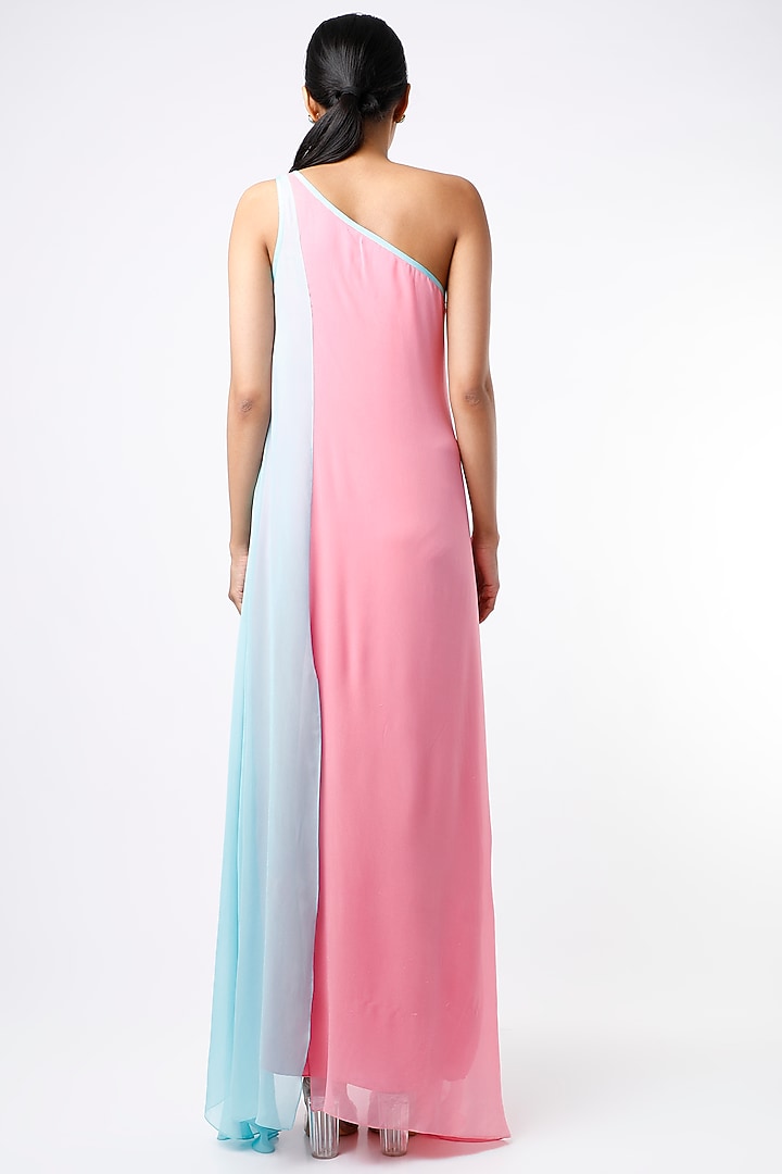Pink & Powder Blue One Shoulder Maxi Summer Dress by Wendell Rodricks at Pernia's Pop Up Shop