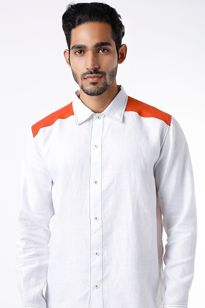 White Contrast Shoulder Party Wear Shirt by Wendell Rodricks Men at Pernia's Pop Up Shop