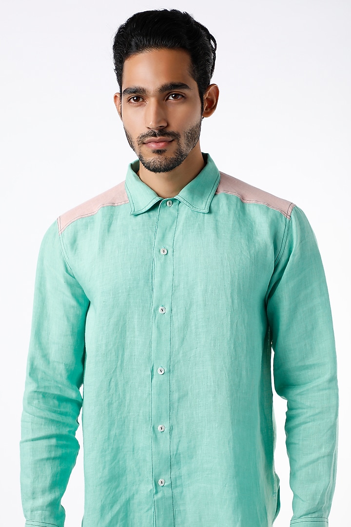 Mint Contrast Shoulder Party Wear Shirt by Wendell Rodricks Men at Pernia's Pop Up Shop