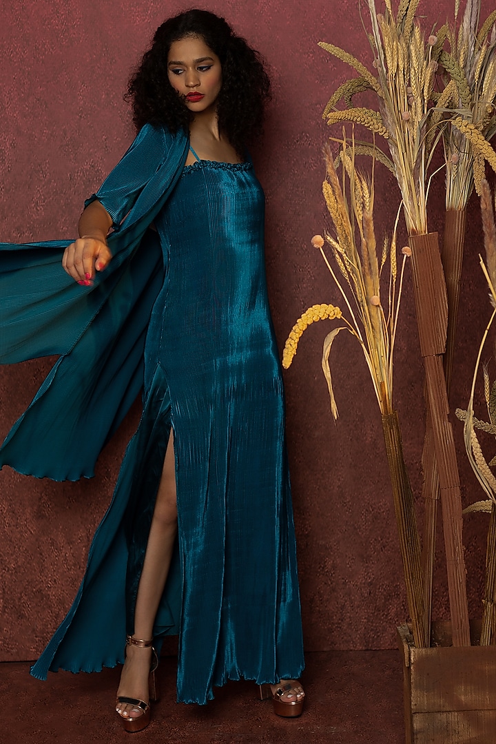 Lake Blue Crinkle Gown With Shrug by Wendell Rodricks