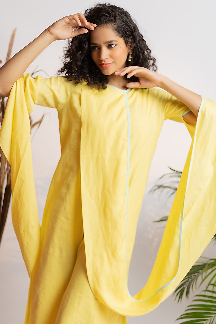 Light Yellow Linen Draped Cowl Summer Dress by Wendell Rodricks at Pernia's Pop Up Shop