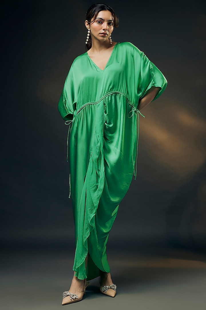 Mint Green Bamberg Satin Ruched Dress by Wendell Rodricks at Pernia's Pop Up Shop