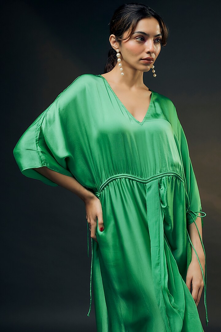 Mint Green Bamberg Satin Ruched Vacation Dress by Wendell Rodricks at Pernia's Pop Up Shop