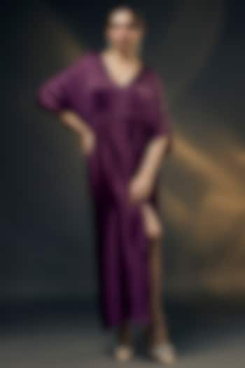 Wine Bamberg Satin Ruched Dress by Wendell Rodricks at Pernia's Pop Up Shop