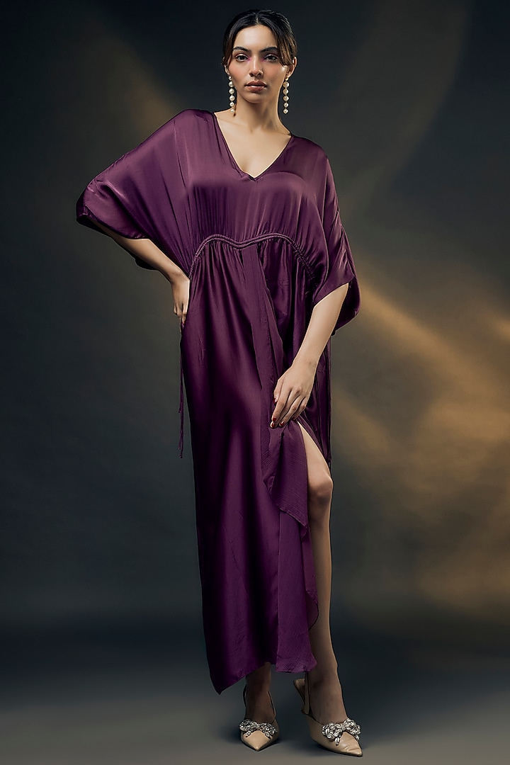 Wine Bamberg Satin Ruched Dress by Wendell Rodricks at Pernia's Pop Up Shop