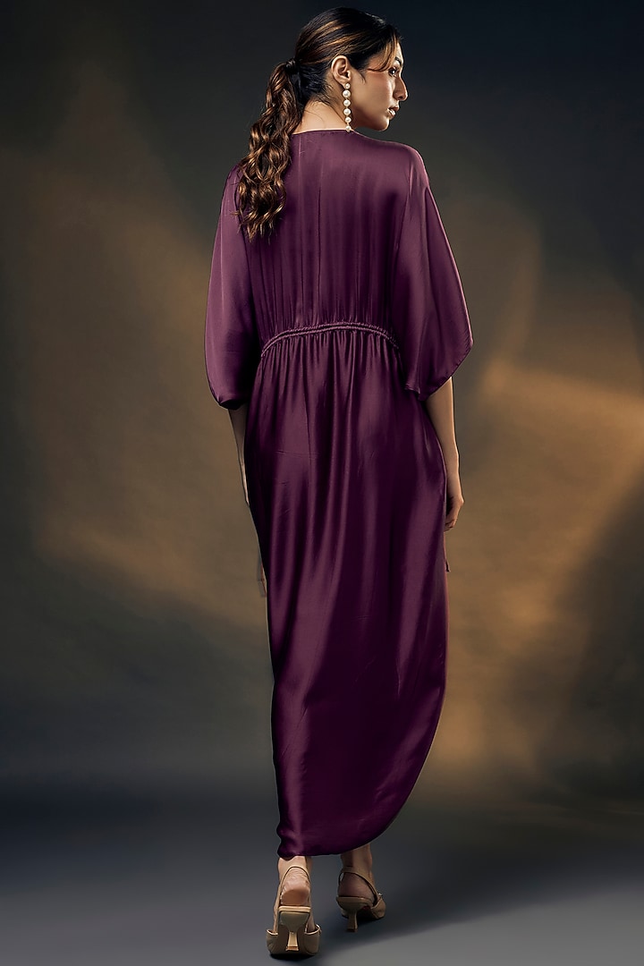 Wine Bamberg Satin Ruched Vacation Dress by Wendell Rodricks at Pernia's Pop Up Shop