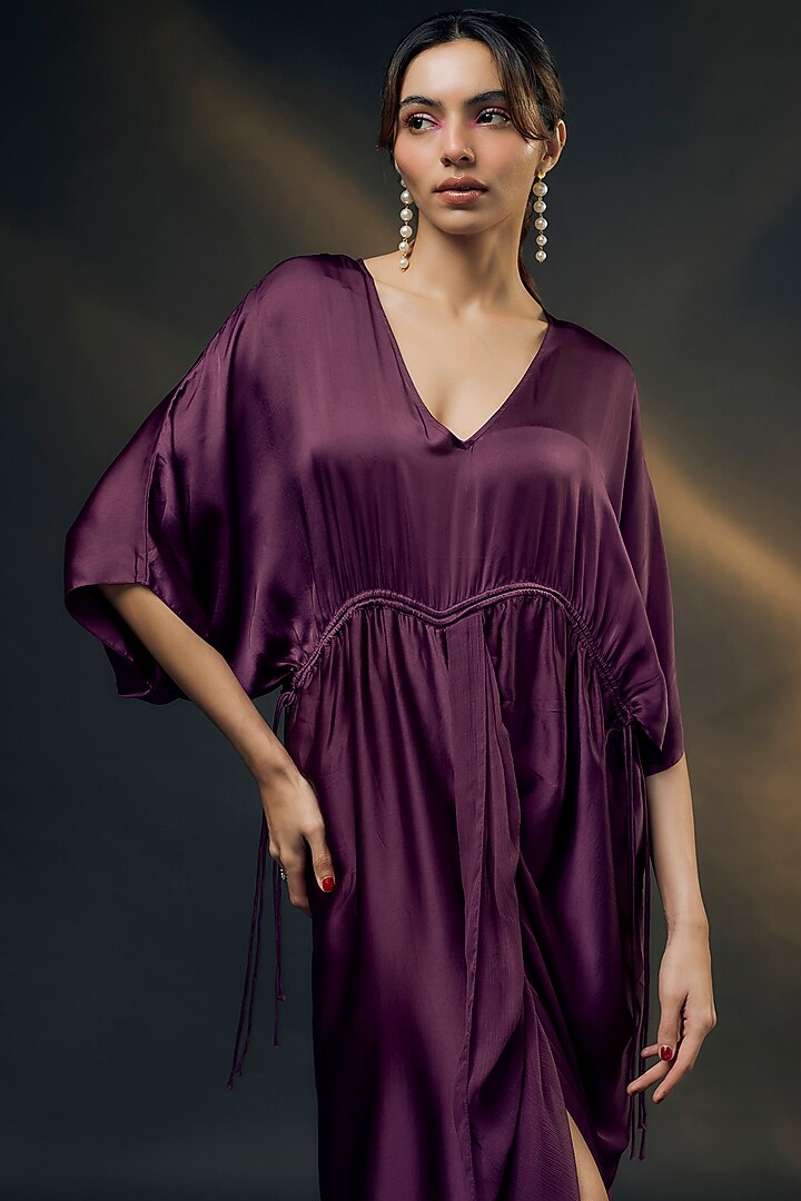 Wine Bamberg Satin Ruched Vacation Dress by Wendell Rodricks at Pernia's Pop Up Shop