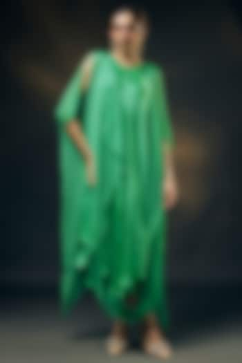 Mint Green Bamberg Satin & Chiffon Cape Dress by Wendell Rodricks at Pernia's Pop Up Shop