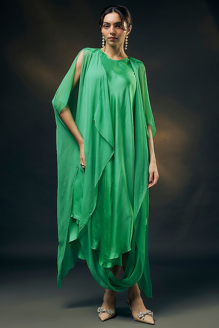 Mint Green Bamberg Satin & Chiffon Cape Dress by Wendell Rodricks at Pernia's Pop Up Shop